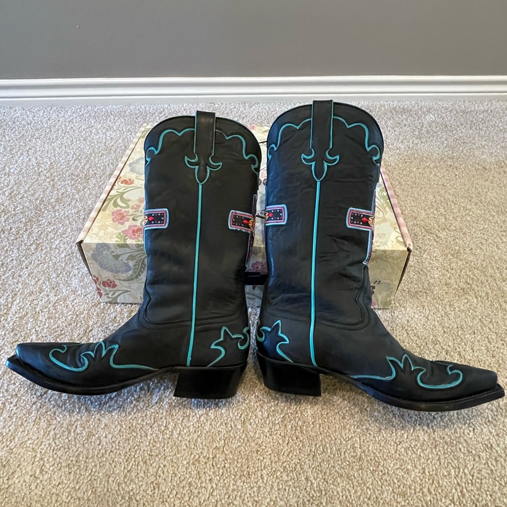 Macie Bean Black and Turquoise Heeled Boots, Size 7M - Picture 6 of 15